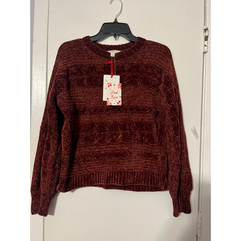 Pink Rose Walnut Chenille Cable Knit Sweater Small NWT 1S24246 Burgundy